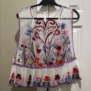 Anthropologie Sheer Top with Multicolor Floral Embroidery